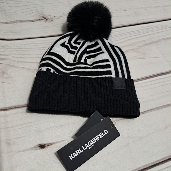 Karl Lagerfeld Paris Faux Fur Trim Pom Pom Beanie - Picture 1 of 8